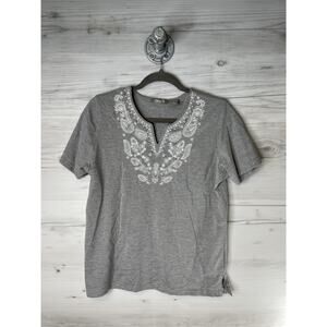 Joni B. Shirt Womens Medium Gray Embroidered Split Neck Short Sleeve Floral Boho